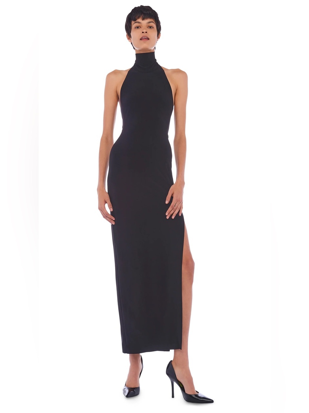 Norma Kamali Black HALTER TURTLE SIDE SLIT GOWN
